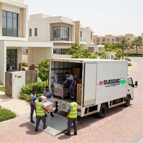 Professional movers in JVC Dubai carefully packing, loading, and transporting household furniture, boxes, and appliances for safe residential and office relocation.